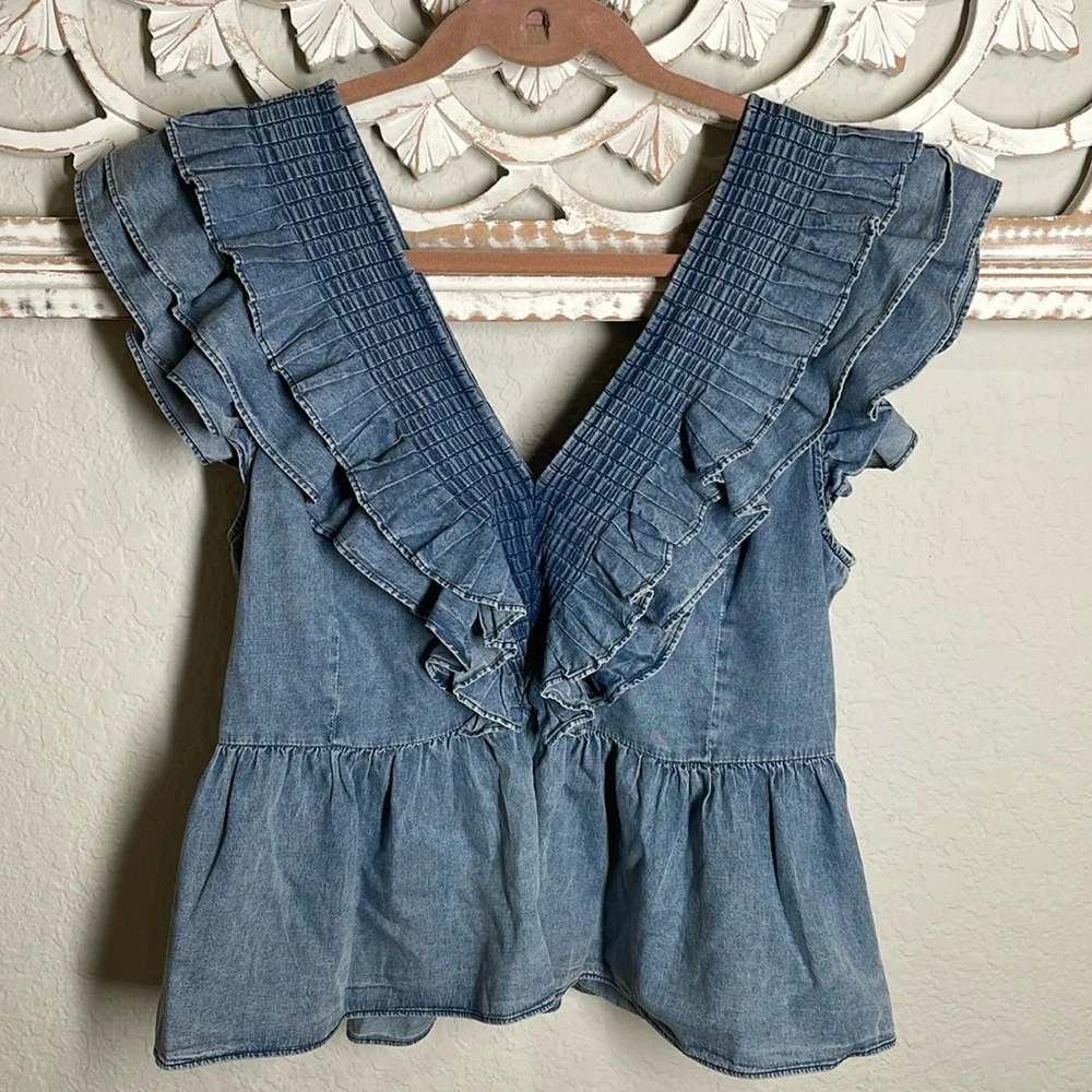 Anthropologie Washed Blue Ruffle V-Neck Peplum Blouse - Picture 2 of 5